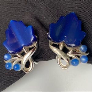 Vintage Blue Grape Leaf Clip On Earrings